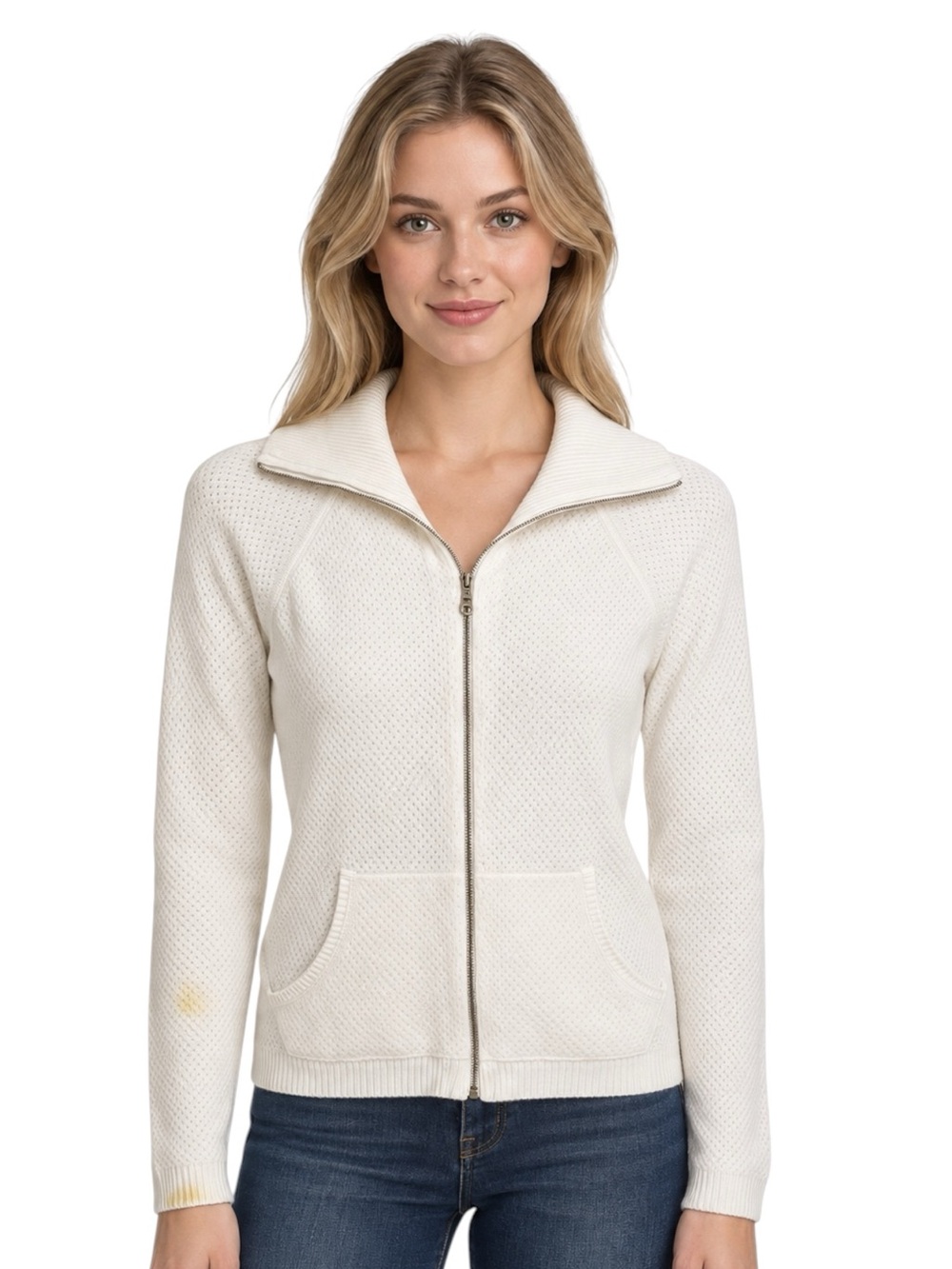 Ann Taylor LOFT White Textured Cotton Zip Front Cardigan Sweater Size XS